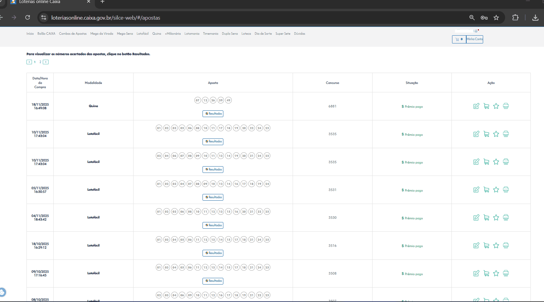 Painel de apostas online da Caixa com múltiplas vitórias em diferentes datas e modalidades.