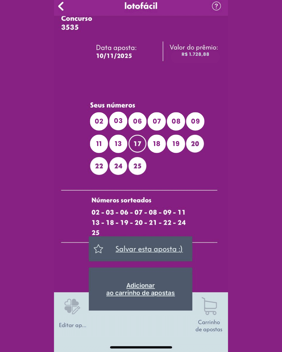 Bilhete premiado Lotofácil