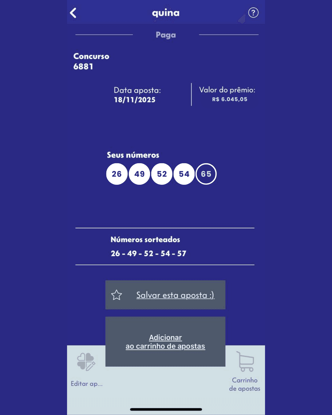 Bilhete premiado Quina